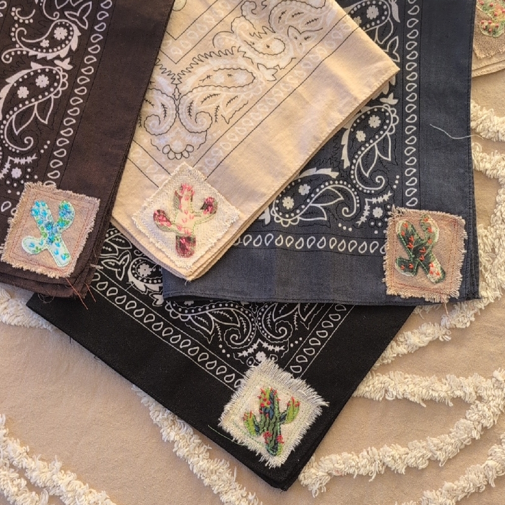 Bandana scarf w cactus, upcycled, embroidery cactus patch, Pick 1 HANDMADE ITEM - Picture 2 of 16